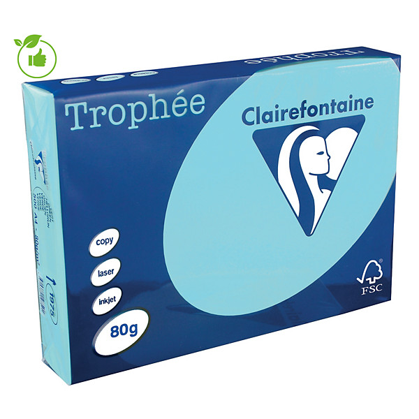 Papier couleur Trophée Clairefontaine bleu alizé A4 80g, 5 ramettes de 500 feuilles