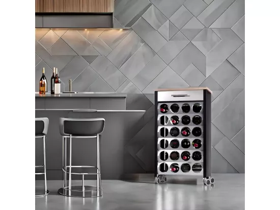 Étagère porte bouteilles à roulettes, 93*50*30 cm - Noire, Inox, Orme - capacité 24 bouteilles, BACUS