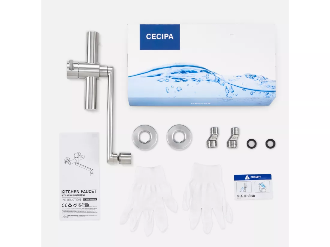 Cecipa max Robinet de Cuisine Mural avec Bec Orientable - Mitigeur d'évier 2 Jets au Choix - Brossé Robinetterie Mural Pivotant à 360°,EU Modèle