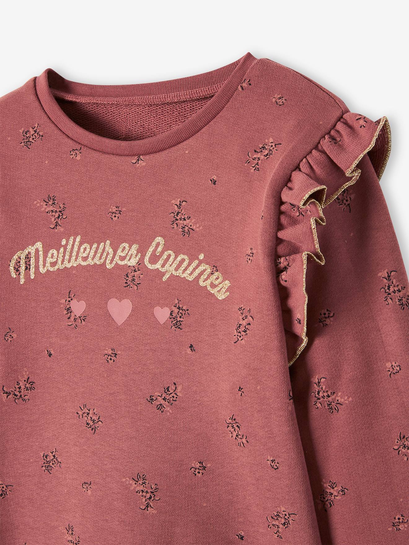 Moletom com mensagem e mangas com babados, para meninas, rosa maquiagem