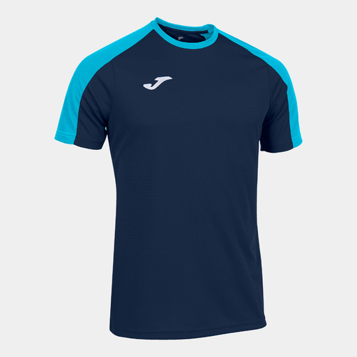 Camiseta Joma Eco Championship de manga curta, azul marinho e turquesa fluorescente.