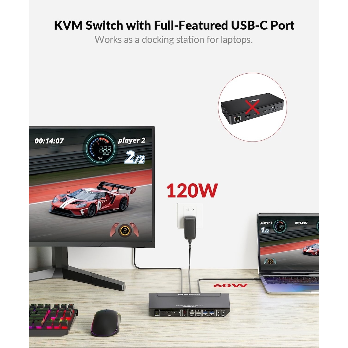 AV Access 4K USB-C og HDMI KVM-svitsj 4 PC-er 1 skjerm, 60W lading for bærbar PC