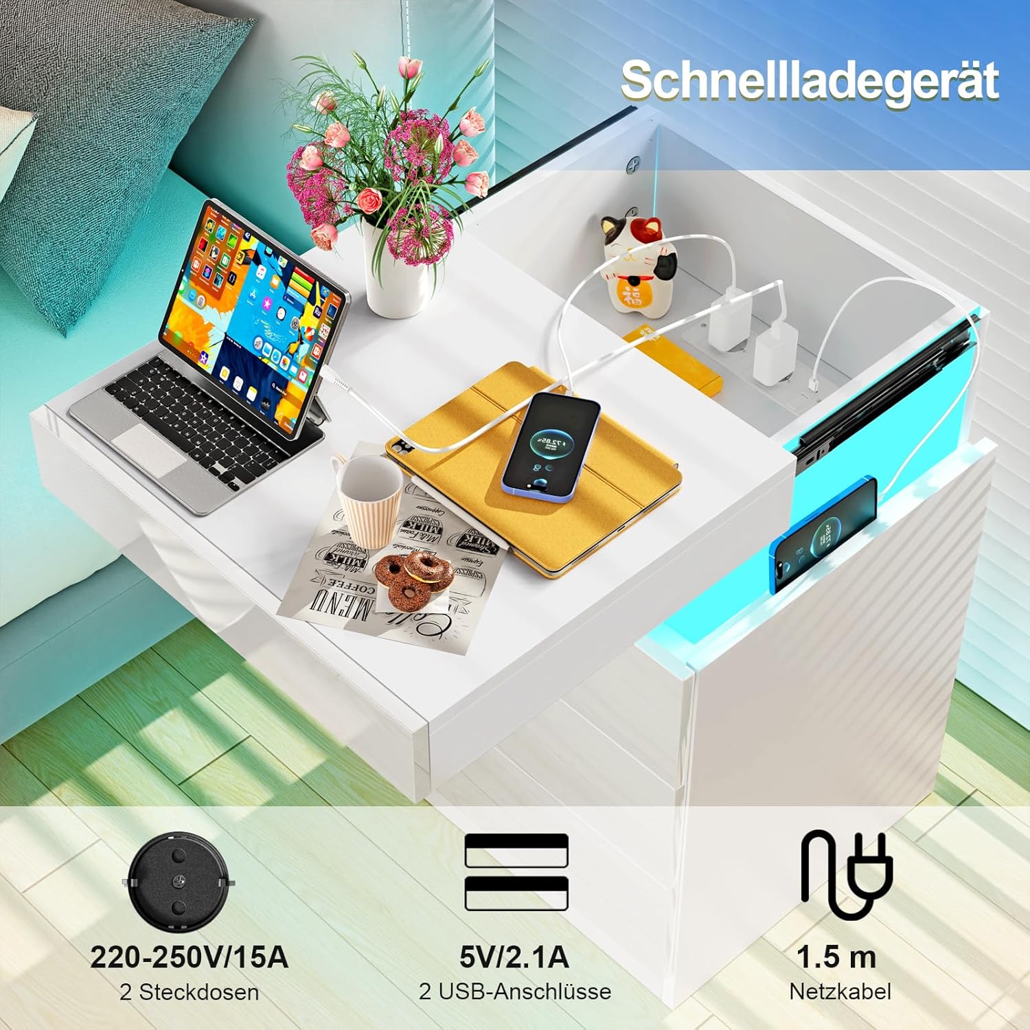 Nachttisch weiß led, 3 Schubladen, Nachttisch mit USB, AC Steckdosen, 2 USB-Anschlüsse, Hochglanz, Verstecktem Schublade, Beistelltisch Nachtschrank für Schlafzimmer Wohnzimmer