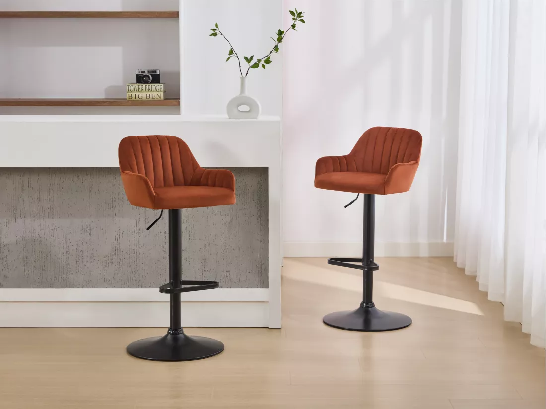 Lot de 2 tabourets de bar en velours et métal noir - Hauteur réglable - Terracotta - ELEANA