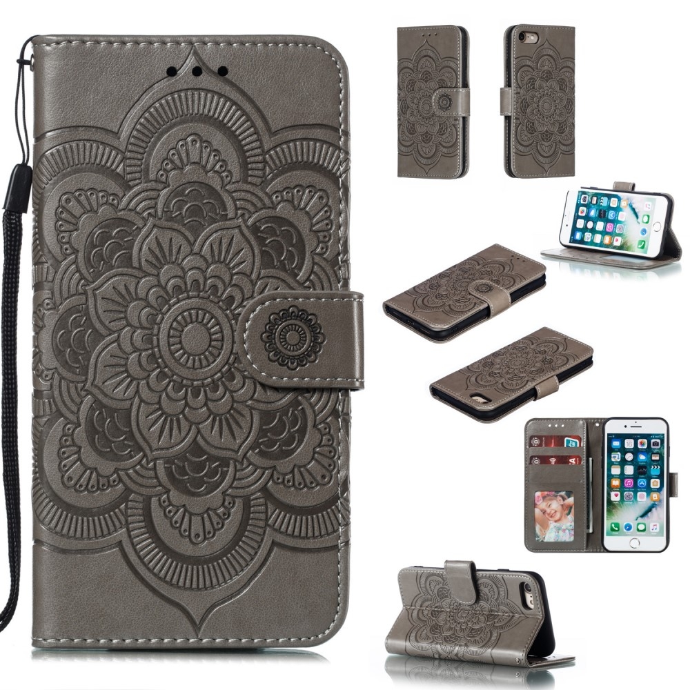 iPhone SE (2022/2020) / 8 / 7 Leder Tasche Wallet - Mandala Flowers Imprint - Grau