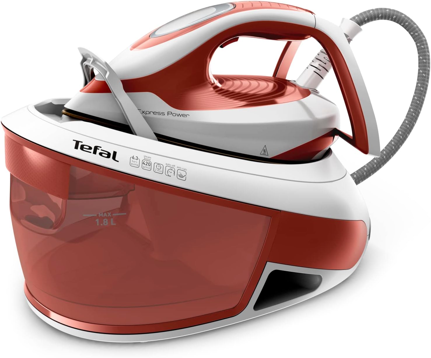 Tefal Express Power Dampfbügelstation, Kalk-Kollektor, Smart Temp-Technologie, 420 g/Min. Dampfstoß, 6,3-Bar-Druck, Eco-Modus, 1,8 L Wassertank, Bügeleisen mit Dampfstation, terrakotta, SV8110