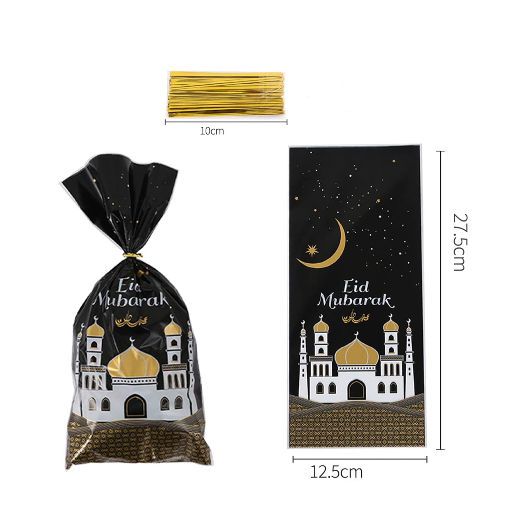 (100er Set) 275x125mm Ramadan Süssigkeiten Tüte Eid Mubarak Candy Gift Bag Geschenk Tasche - Schwarz / Gold