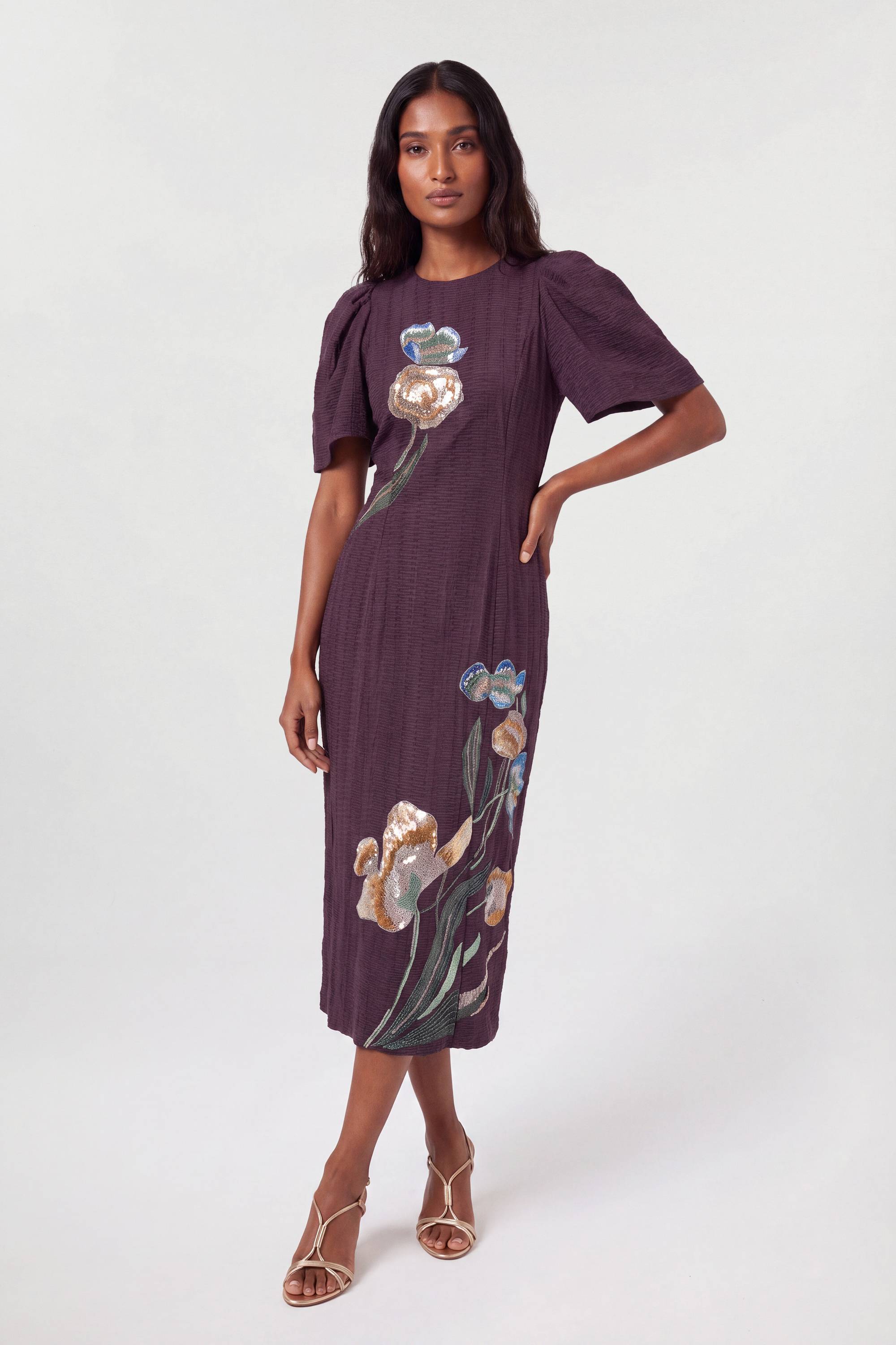 KarenMillen Robe Midi Droite À Manches Bouffantes Ornée À La Main
