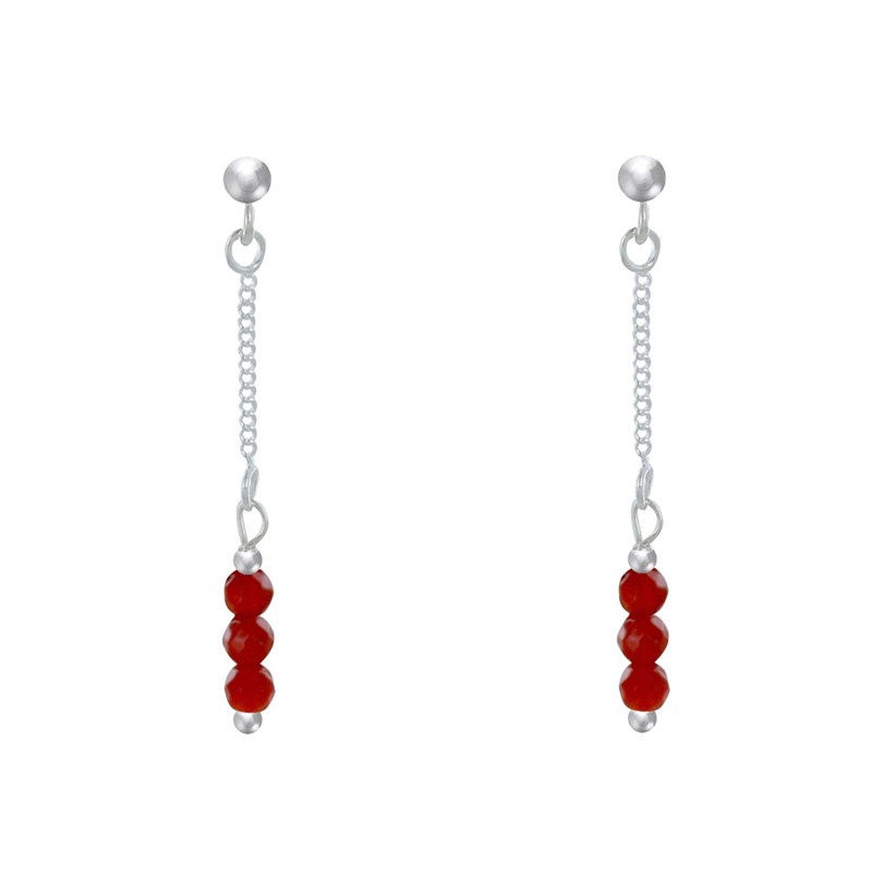 Boucles d'Oreilles Argent Chainette 3 Perles Facettées de Cornaline
