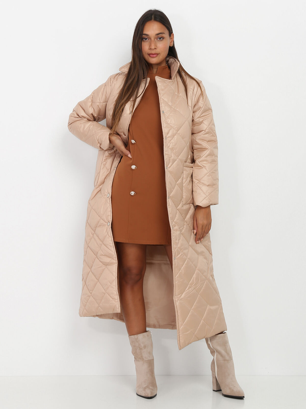 Doudoune longue matelassée- Beige