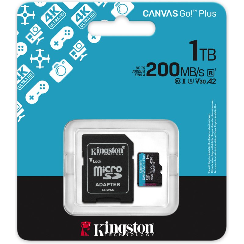 Kingston Technology Carte microSDXC Canvas Go Plus Gen4 200 Mo/s A2 U3 V30 1 To + adaptateur