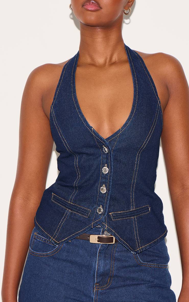 Bleu Indigo Gilet En Jean À Encolure Américaine