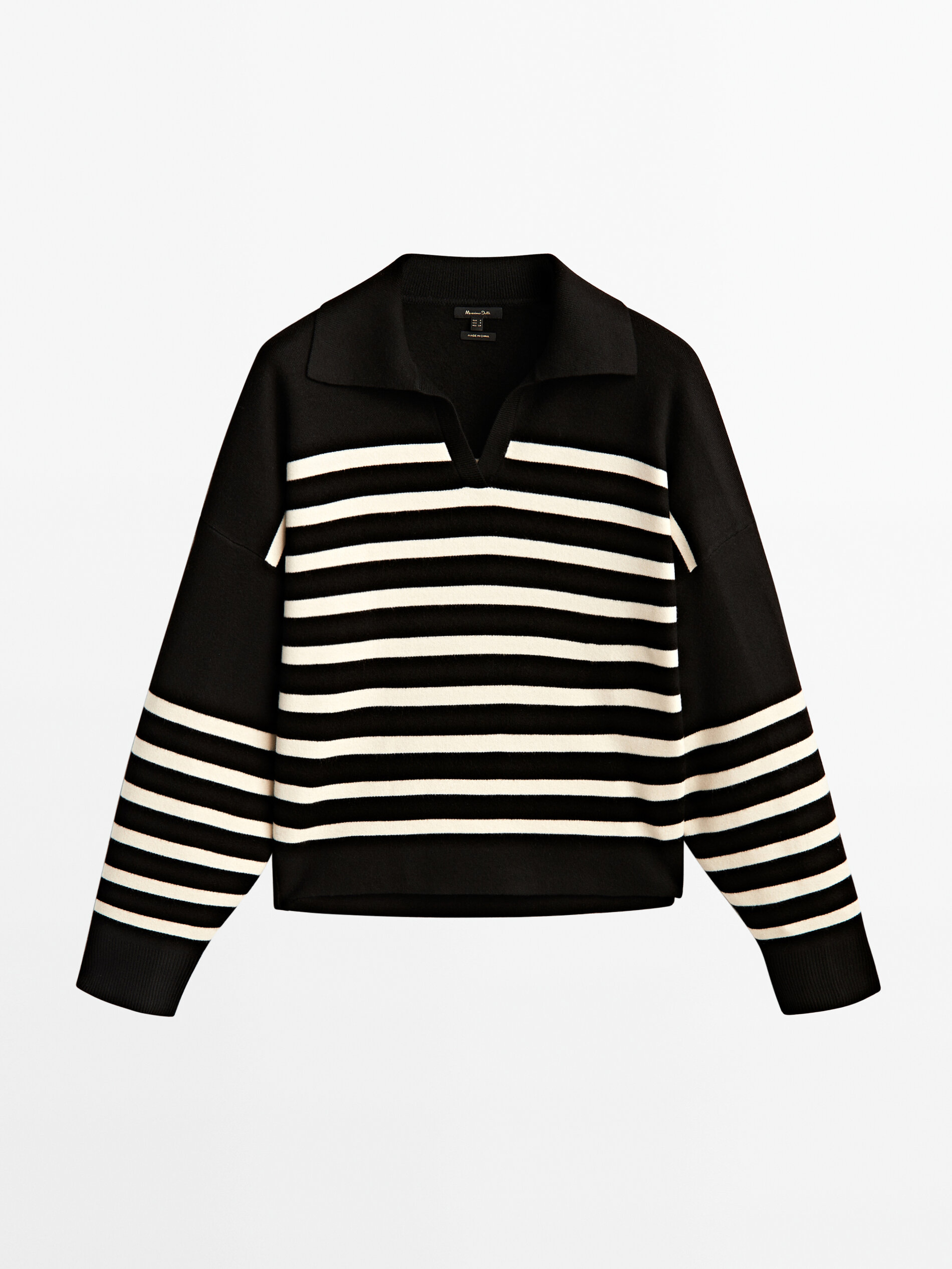 Camisa polo listrada com gola alta - PRETA