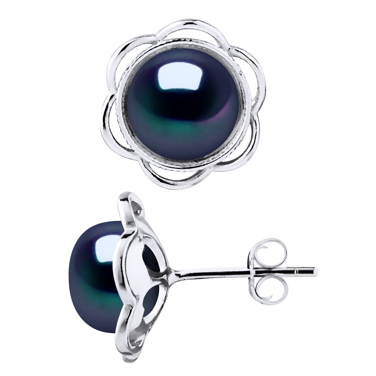 Clous d'Oreilles FLEUR Perles d'Eau Douce Boutons 8-9 mm Noires Argent 925
