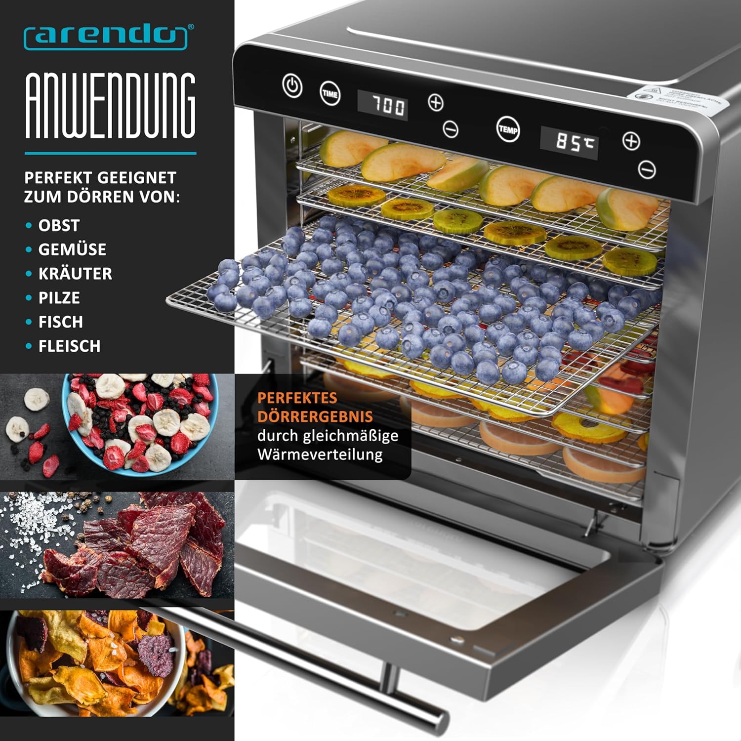 Arendo - Dörrautomat Edelstahl mit 8 Edelstahlgitter - 700 W - 35°-85°C - 8 Edelstahl Einlegetabletts mit insgesamt 6700 cm² - Dörrgerät Dehydrator Obsttrockner Dörrapparat - Obst Fleisch Pilze uvm