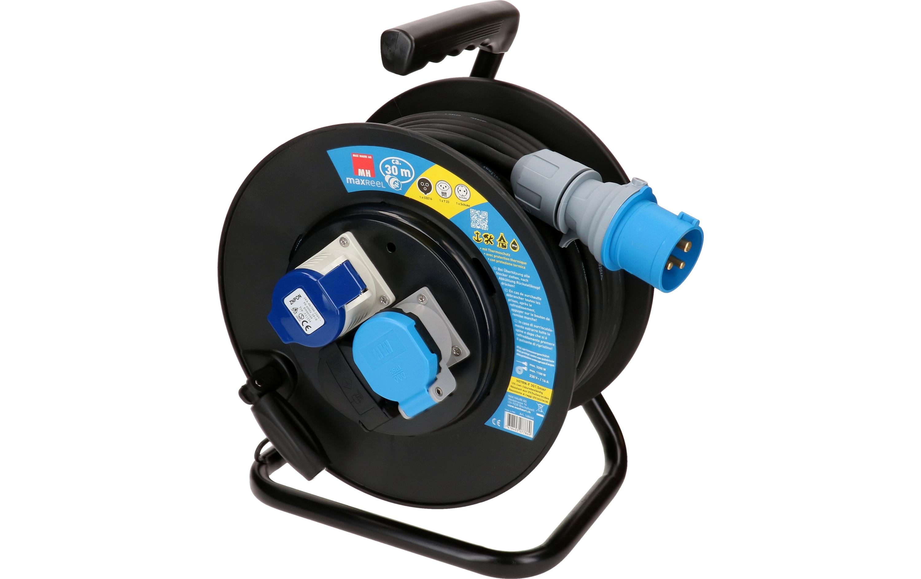 Kabelrolle 30 m, 1x T23, 1x CEE16/3, 1x Schuko, Schwarz<br>30 m Kabeltrommel mit Metallrahmen für den Aussenbereich