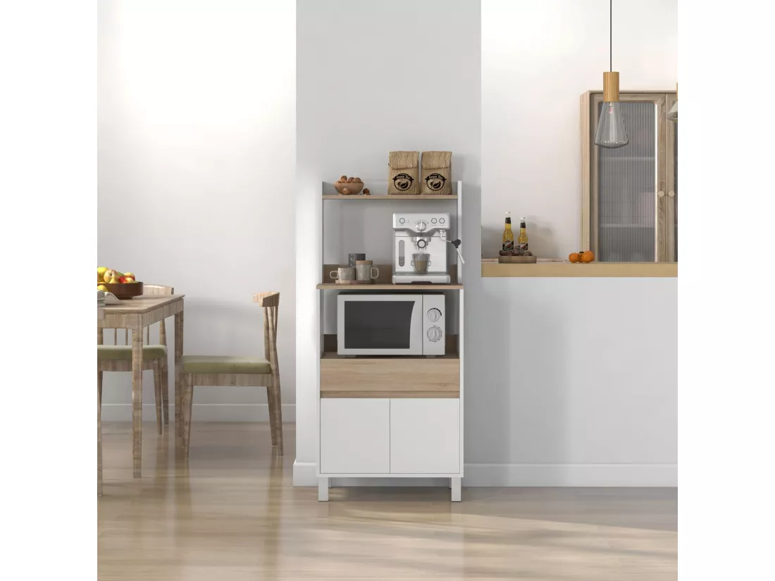Meuble de rangement desserte de cuisine pour micro-ondes avec placard tiroir étagère supérieur 60 x 40 x 131 cm naturel et blanc