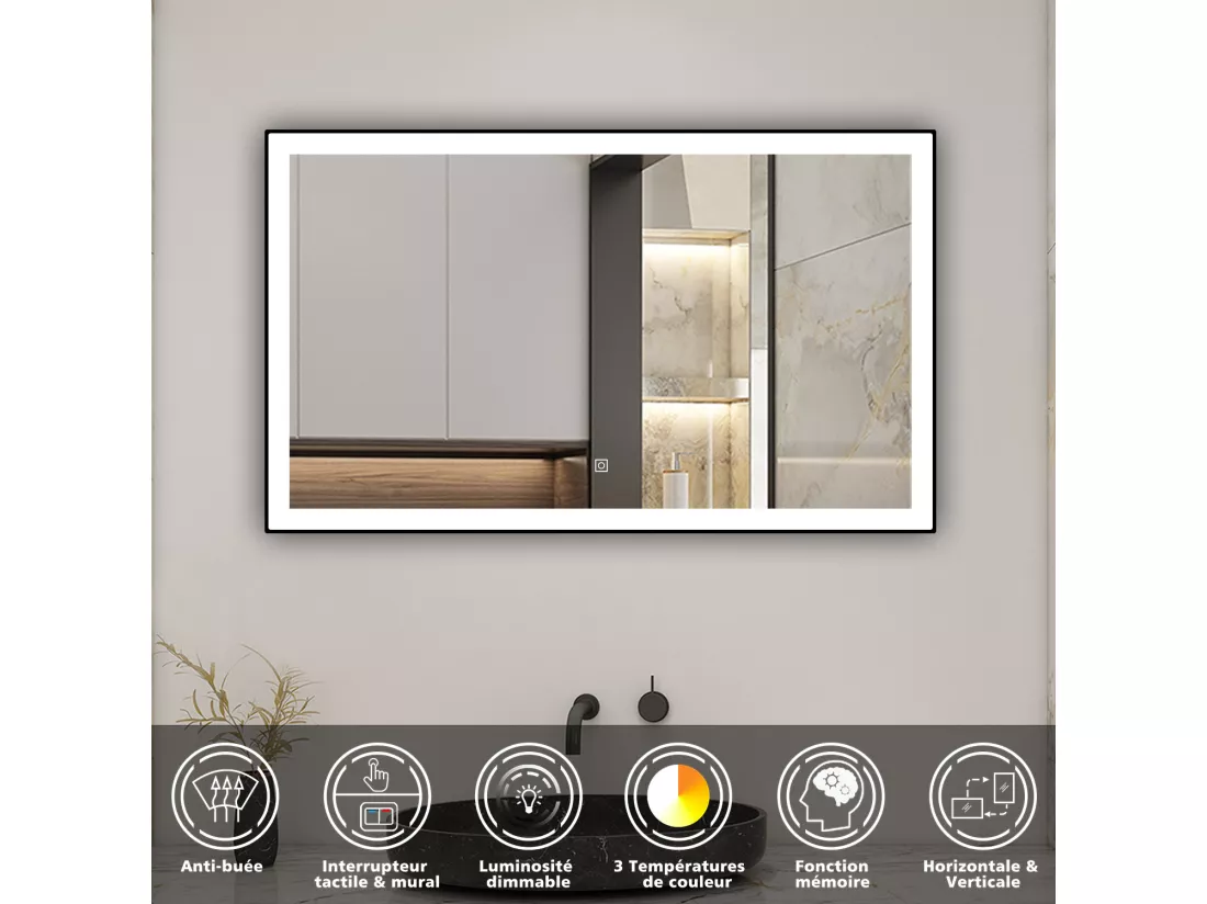AICA Miroir lumineux 120x70cm 3 couleurs + dimmable + anti-buée + mémoire, miroir salle de bain LED