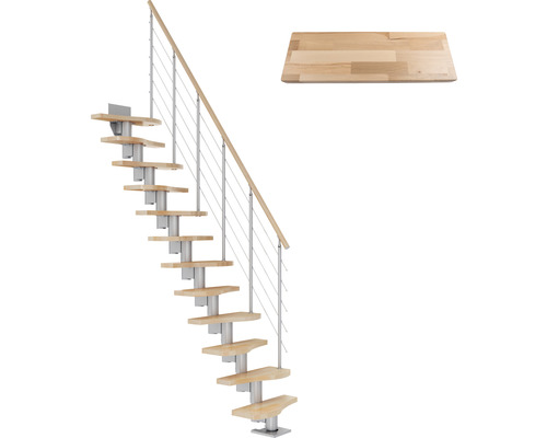 Pertura middentrap, ruimtebesparende trap Vaia, parelgrijs, variabel, kwartslag, links/rechts onder, recht, 64 cm, balustrade, beukenhout gelamineerd, gelakt, 11 treden / 12 stootborden