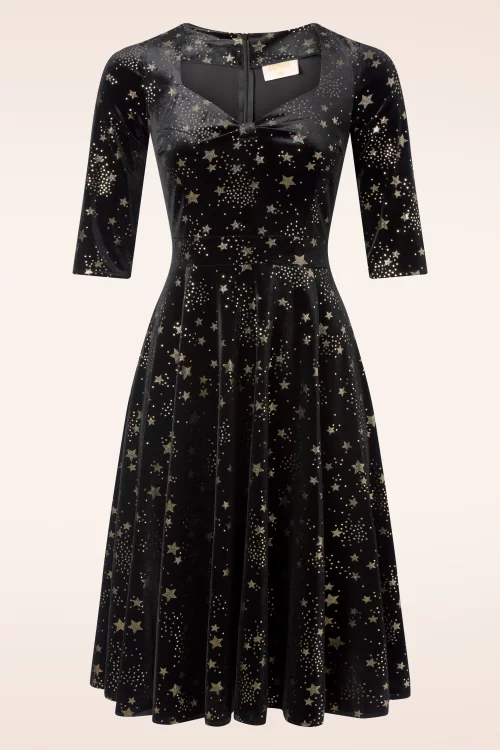 Topvintage Boutique Collection Topvintage exclusive ~ Eliane Velvet Stars swing jurk in zwart