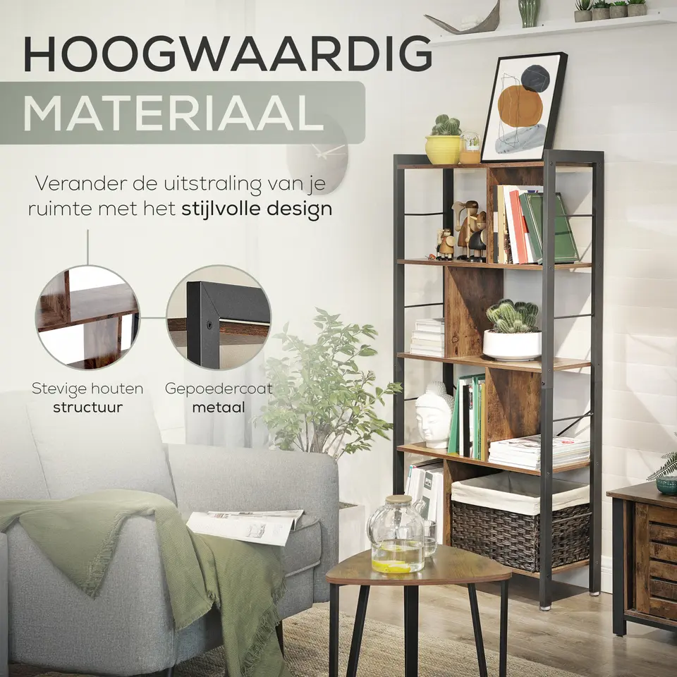 O'DADDY Industrieel Boekenkast - 74x30x150cm - Vintage Bruin/Zwart Metaal