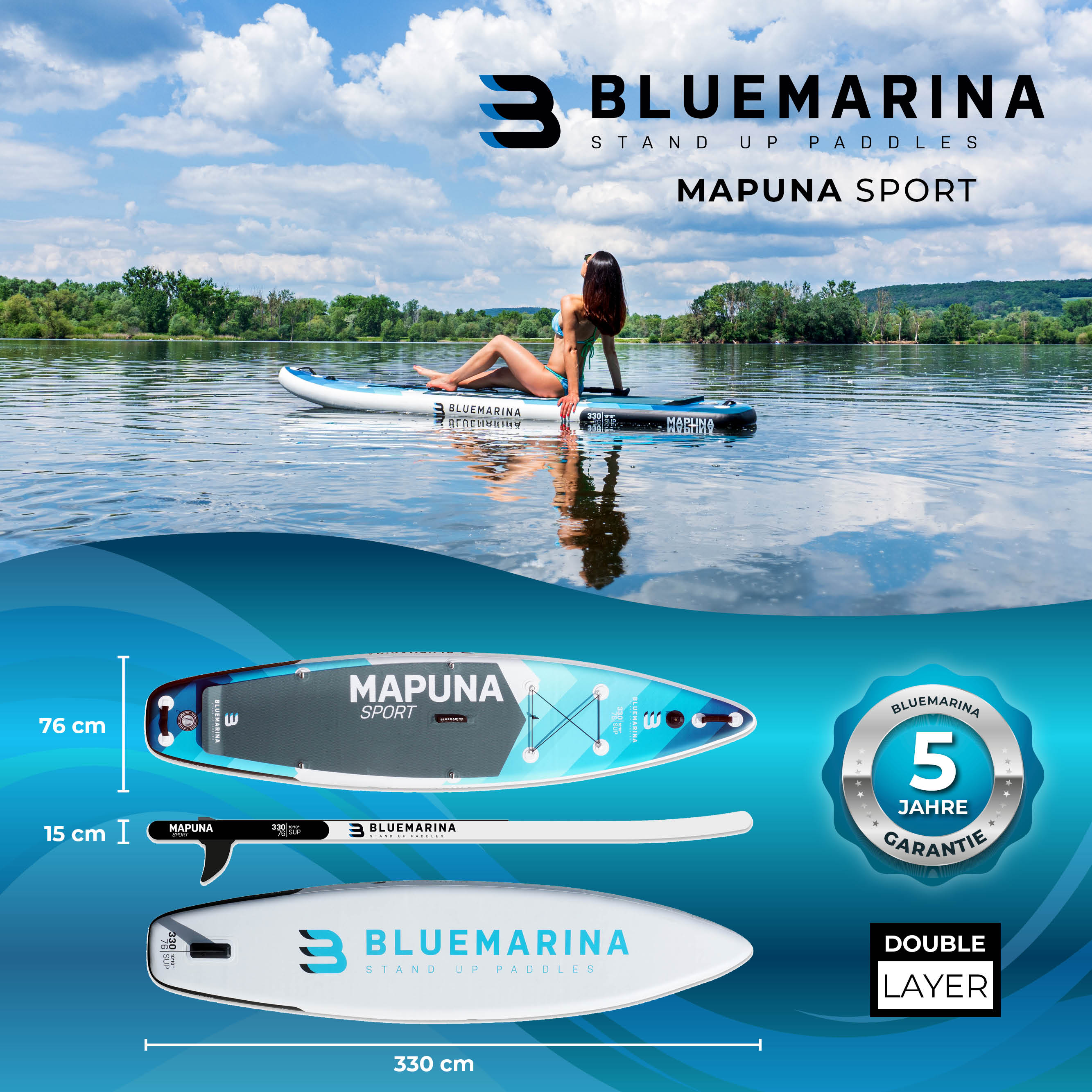 Bluemarina SUP Board Mapuna Sport, Kickpad, Double Layer, Paddel, Pumpe, Rucksack, 5J Garantie
