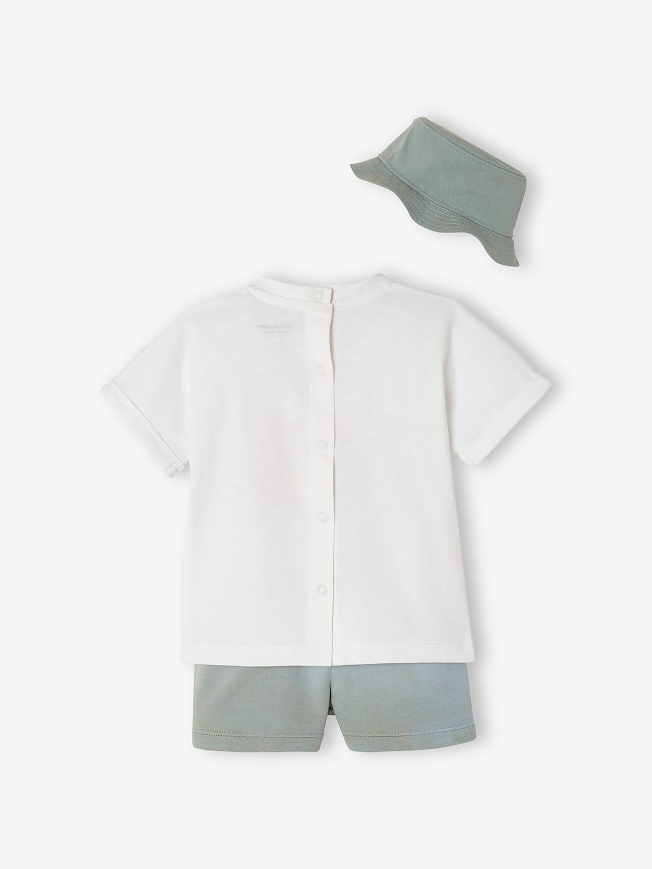 Conjunto de bebê composto por uma camiseta branca lisa, shorts e chapéu chanel com estampas.