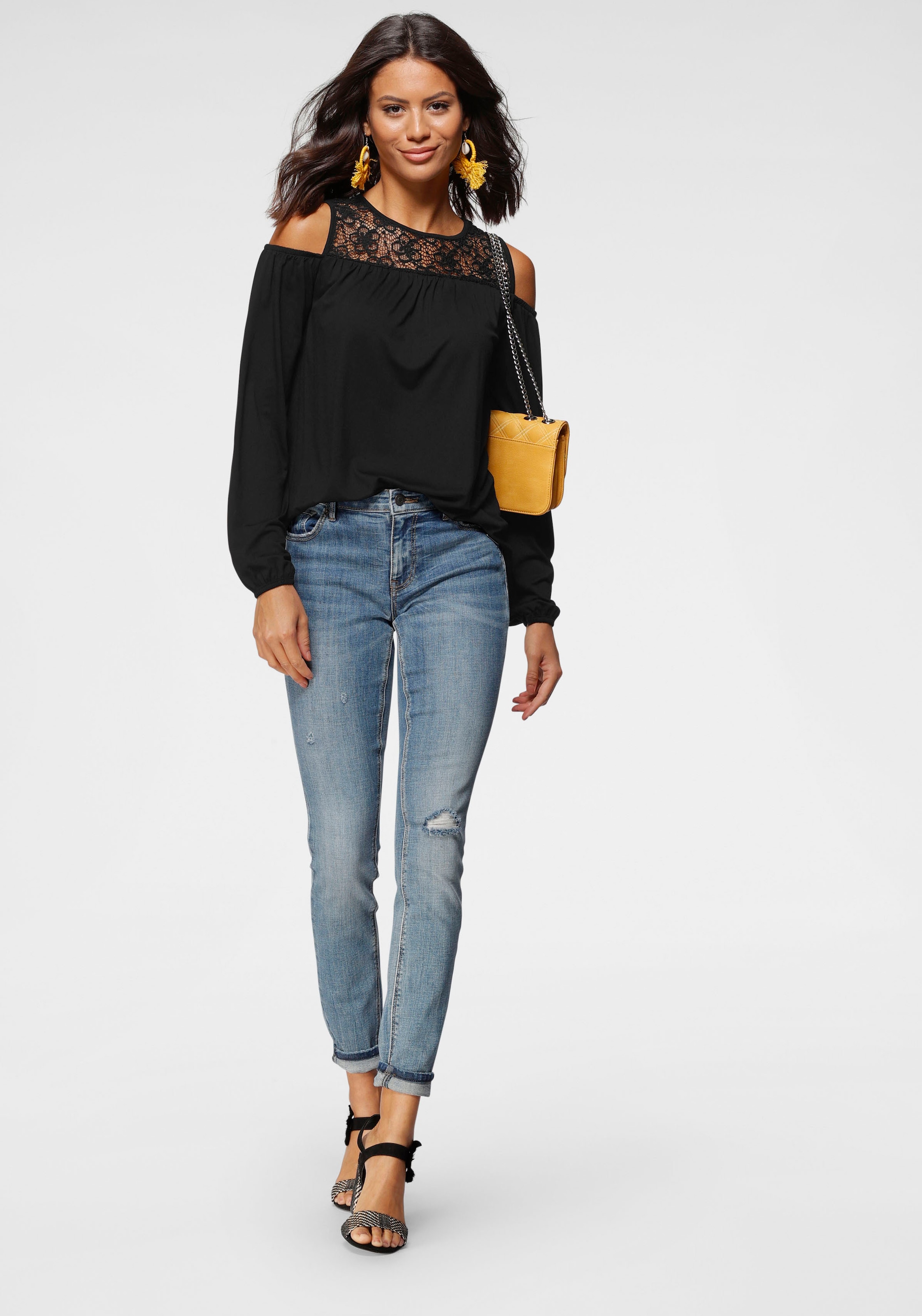 Laura Scott Langarmshirt , lässig geschnitten,  elastisches Material,  Gummizug am Ärmelabschluss