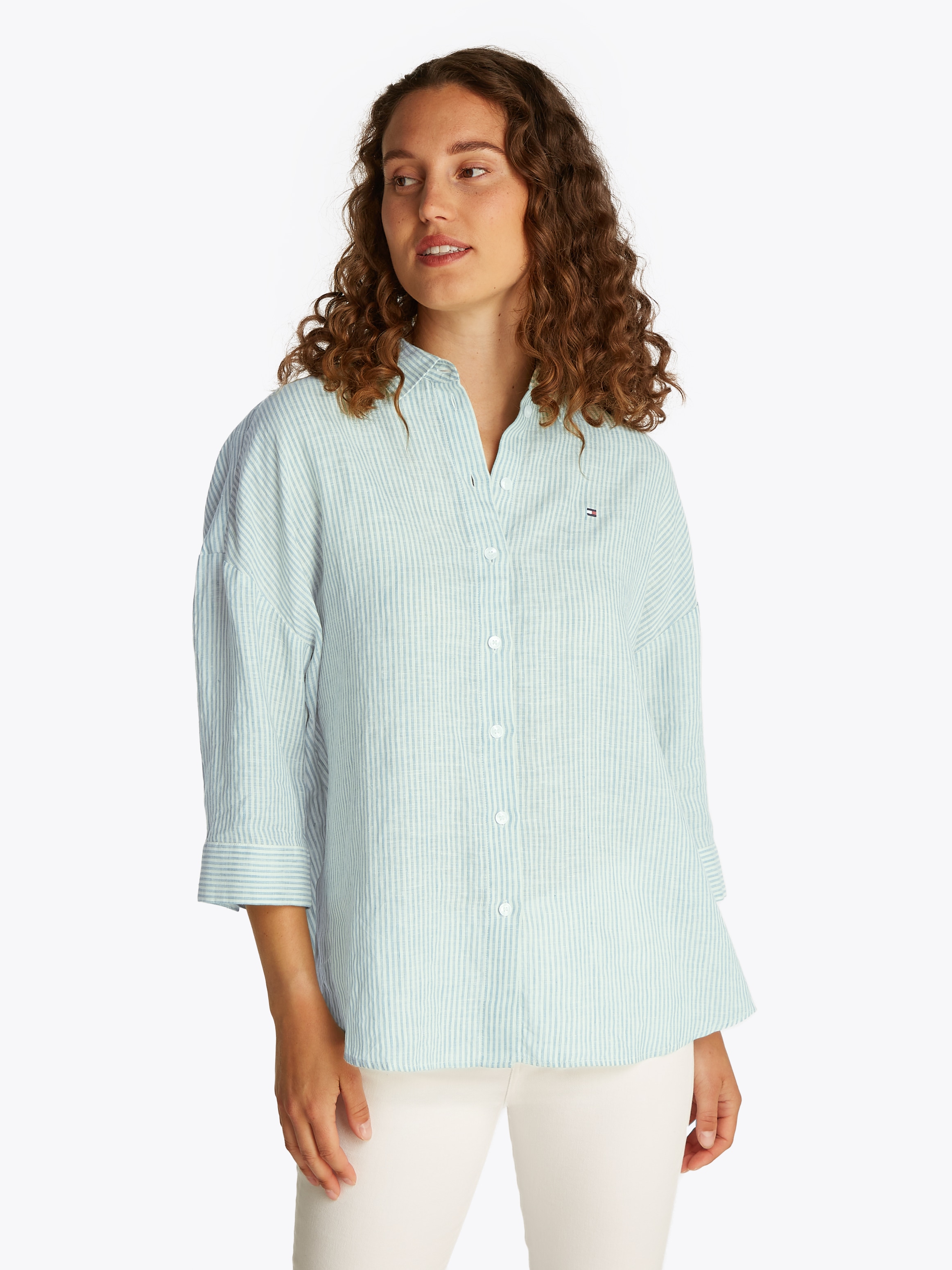 Tommy Hilfiger 3/4-Arm-Shirt »ESS LINEN LOOSE 3-4 SLEEVE SHIRT«, mit 3/4-Ärmel, Logostickerei ,kühlendes Premium Leinen