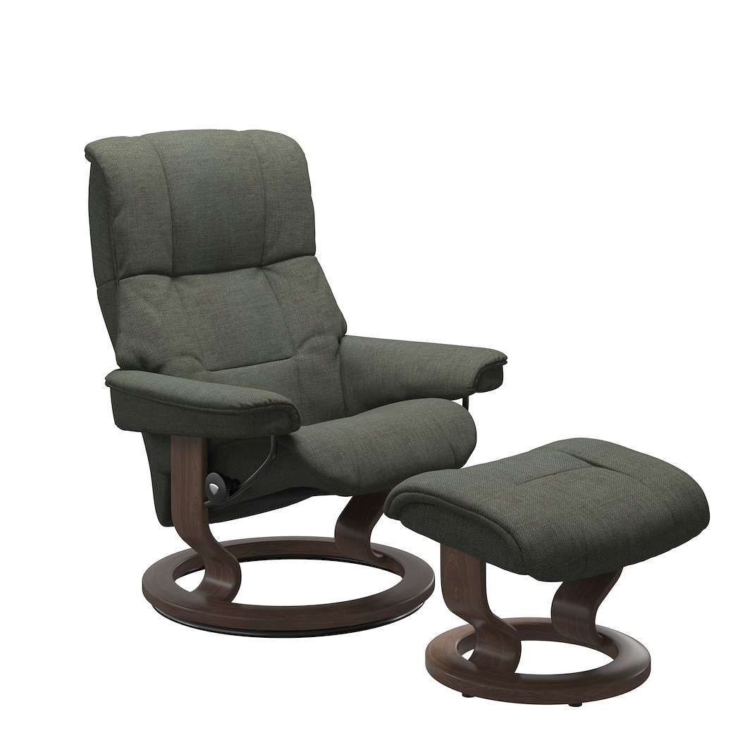 Mayfair (M) Classic lenestol med krakk Tekstil Daisy Green og Classic understell valnøttbeiset.