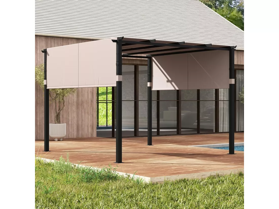 Pergola Rétractable d'Extérieur 305 x 305 CM, Pergola Métallique à Toit Plat pour Patio avec Auvent Rétractable 2 Couvre-soleils à Enrouleur, Tonnelle Abri pour Jardin Patio Porche (Beige)