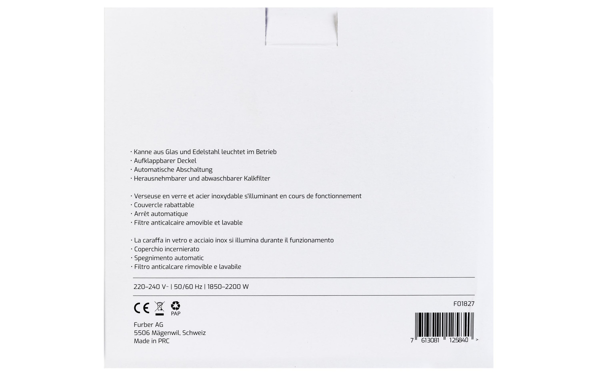 FURBER Wasserkocher »Vetro 1 l« 1 l 1850 W