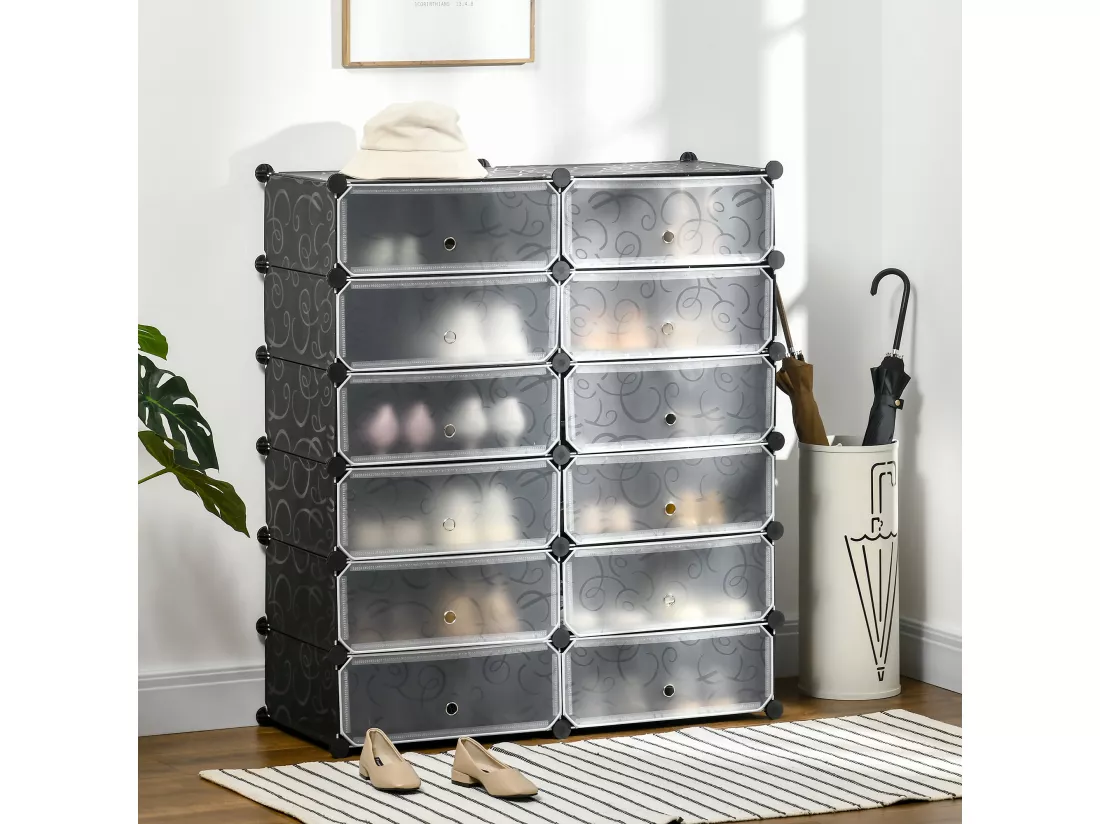 Meuble de rangement - meuble à chaussures modulable 12 casiers avec portes et étagères - dim. 94L x 37l x 108H cm - PP noir blanc