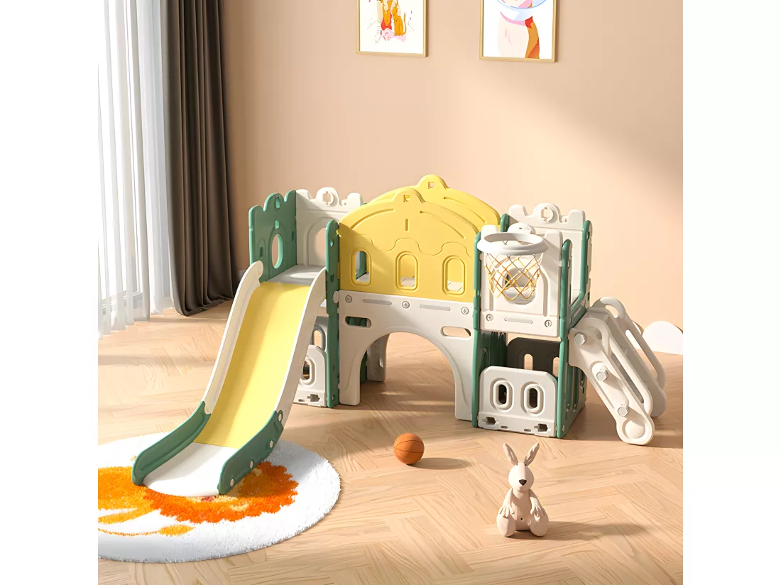 Toboggan pour enfants 6 en 1 - Avec panier de basket, toboggan, tour d'escalade, en PEHD (balles de mer non exclues) - Vert