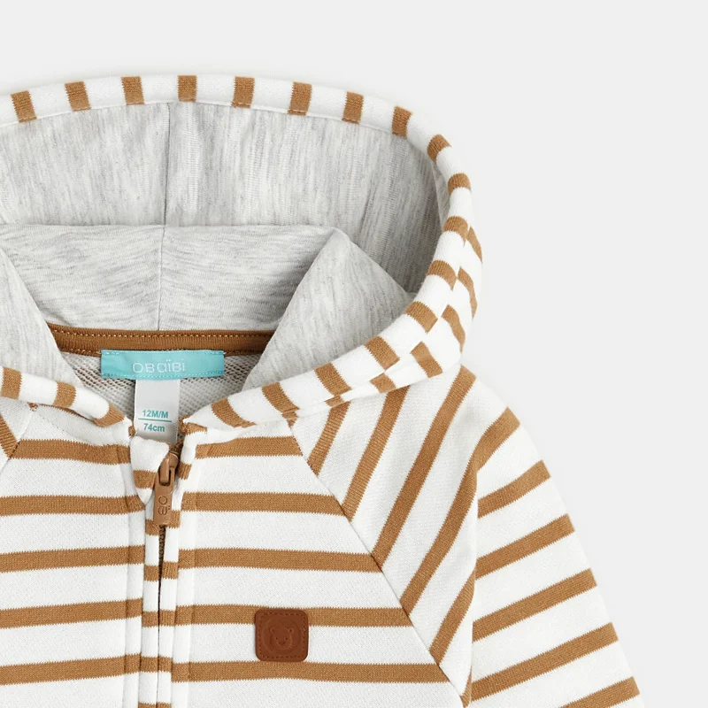 Sweat zippé molleton rayé lion marron bébé garçon Blanc