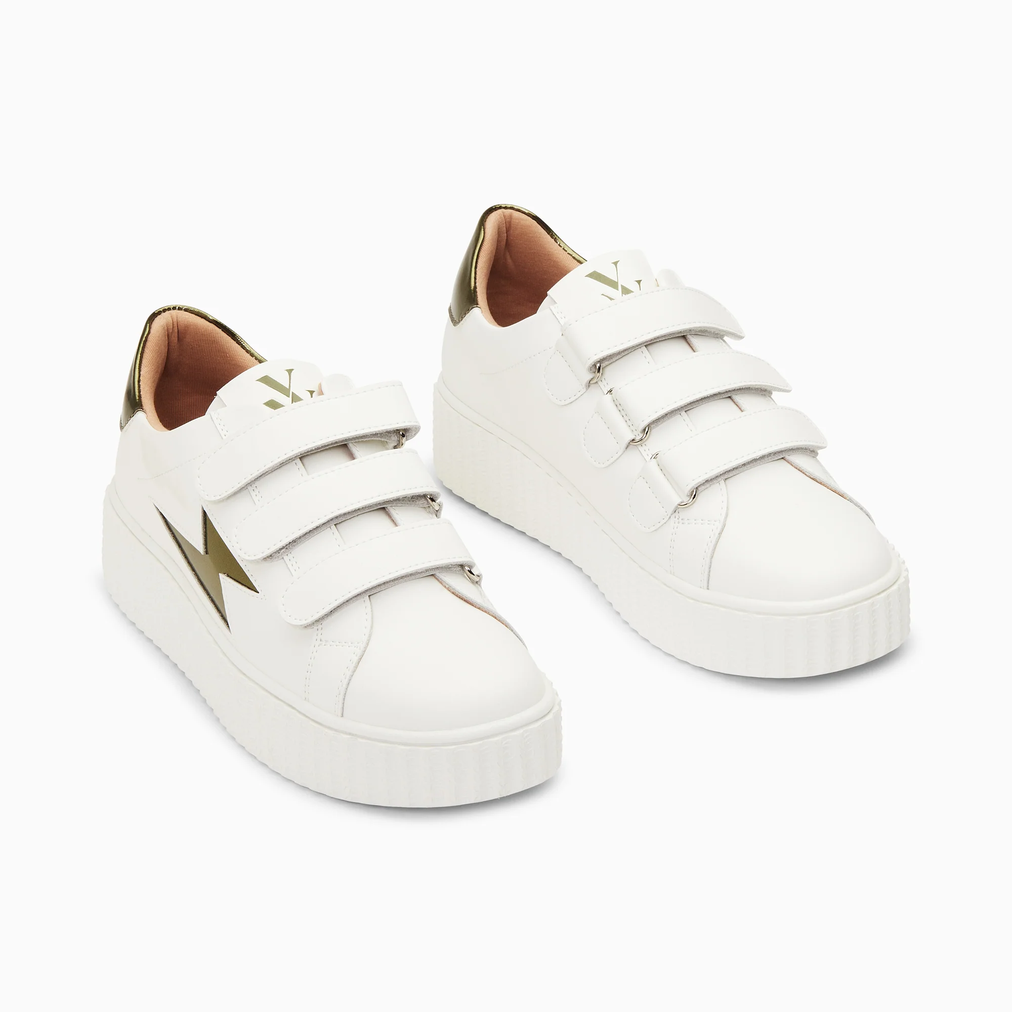 Sneakers-Baskets éclair Willow blanc et kaki effet miroir à scratchs
