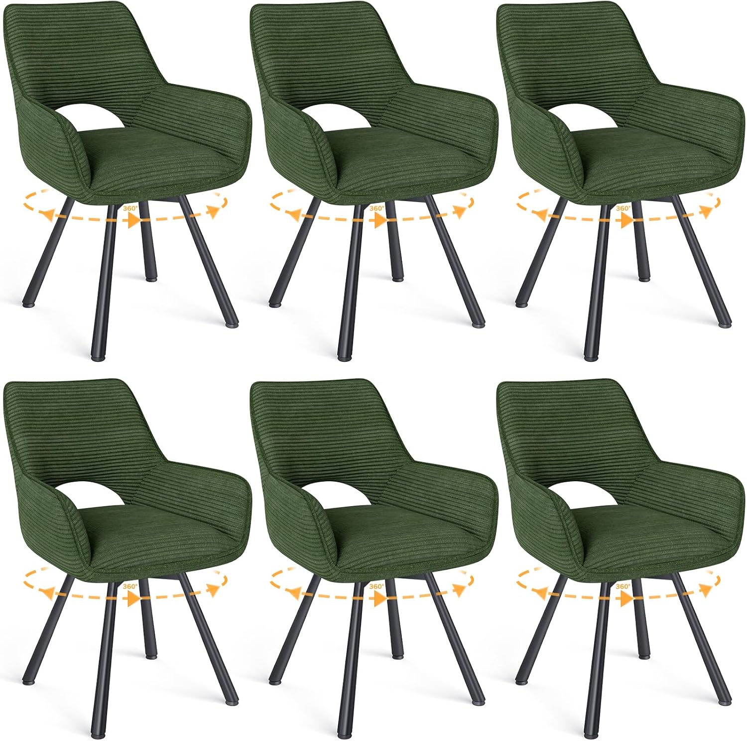 Esszimmerstühle 6er Set Drehbar 360°,Armlehnstuhl mit Metallbeine,geeignet als Stühle Esszimmer,Samt Stuhl,Küchenstühle,Wohnzimmerstuhl,Polsterstuhl mit Samtigem Gefühl,Grün