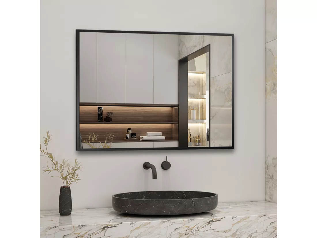 Miroir Mural de Salle de Bain Rectangle noir 60 x80cm, cadre en aluminium miroir Aica