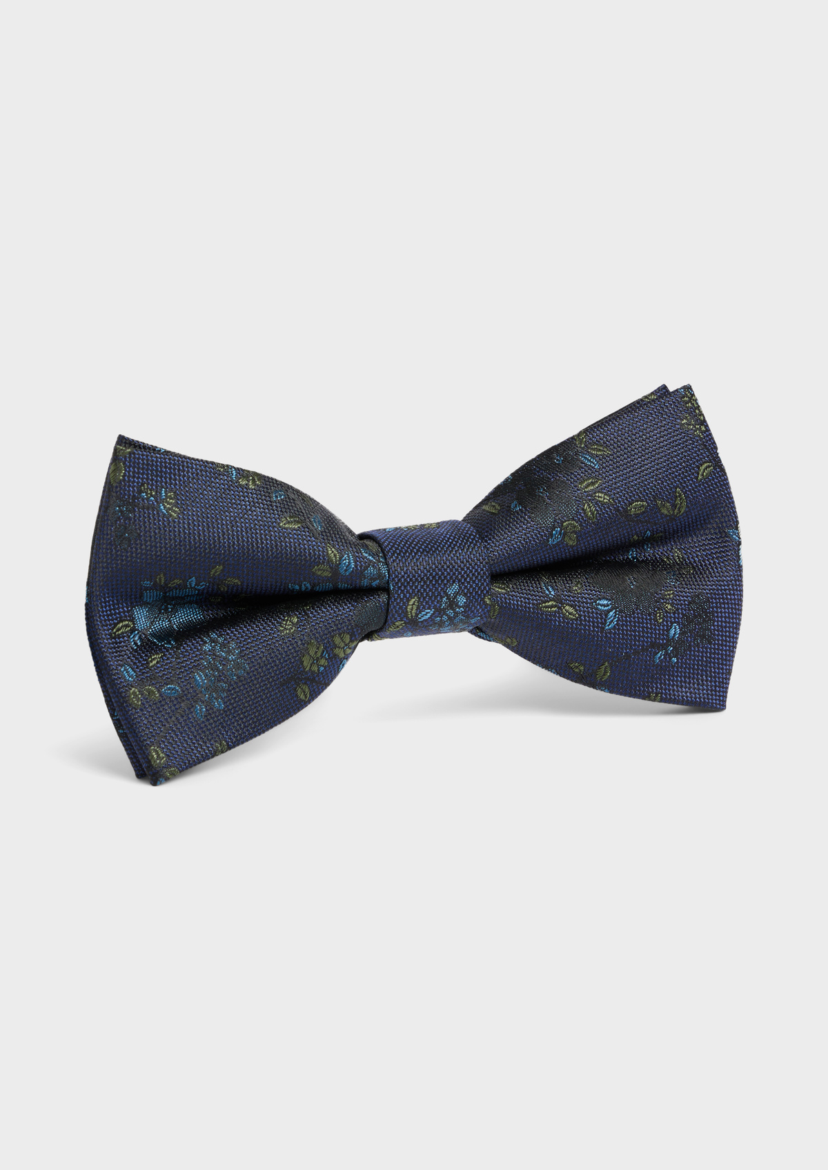 Noeud papillon en soie mélangée bleu prusse à motif fleuri kaki et bleu