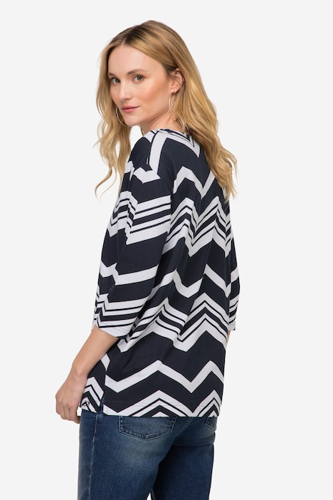 T-Shirt, oversized, Zacken Muster, U-Boot-Ausschnitt, 3/4-Ärmel