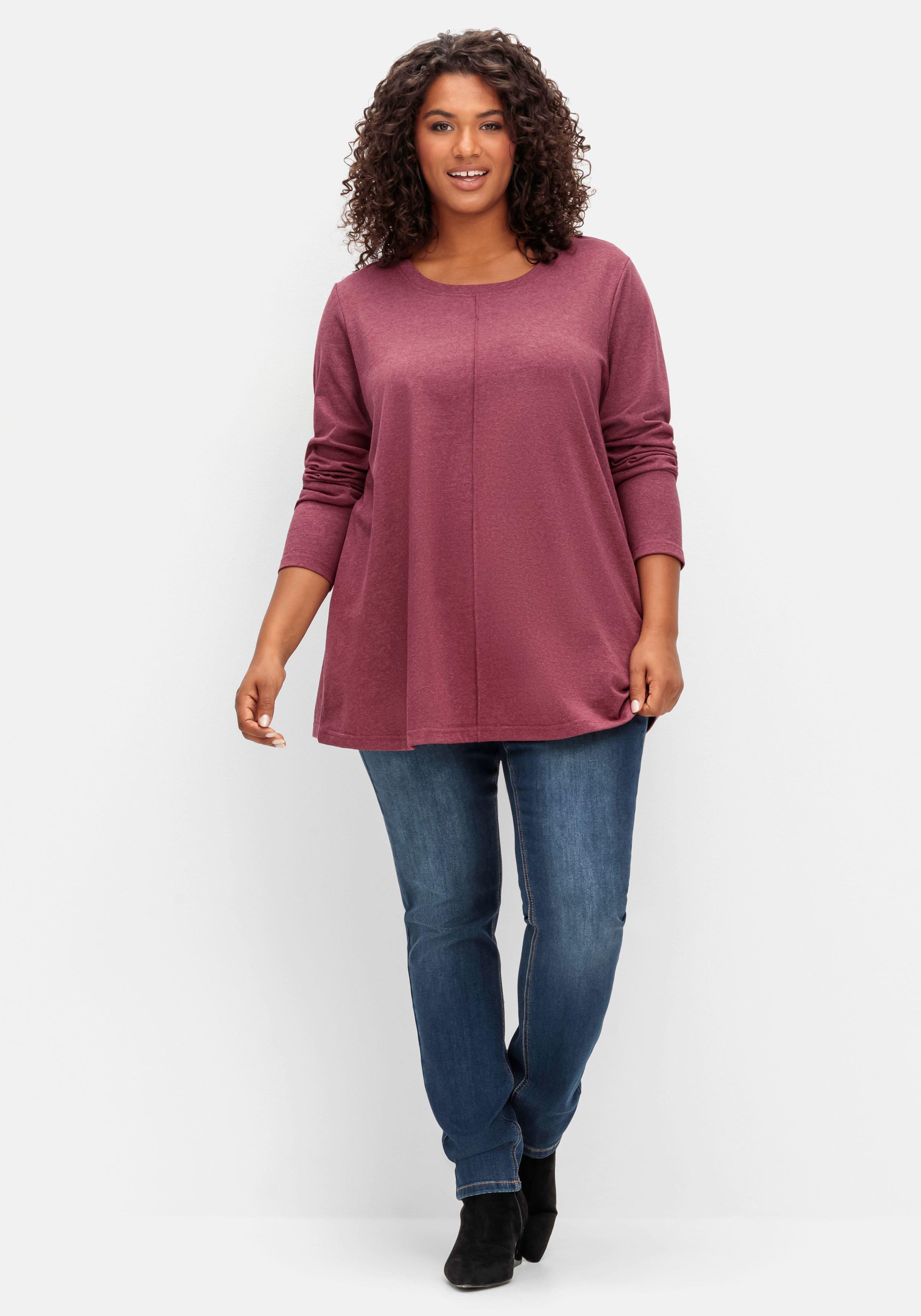 Fein meliertes Langarmshirt in A-Linie, mit Rundhals