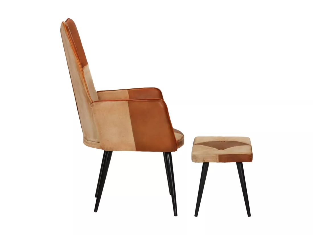 Fauteuil avec repose-pieds Marron Cuir véritable et toile