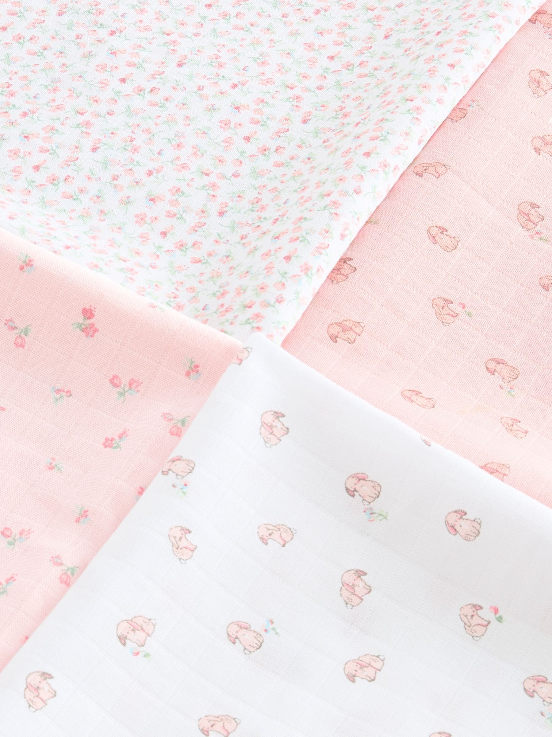 Roze met konijnen - Set van 4 mousseline babydoekjes