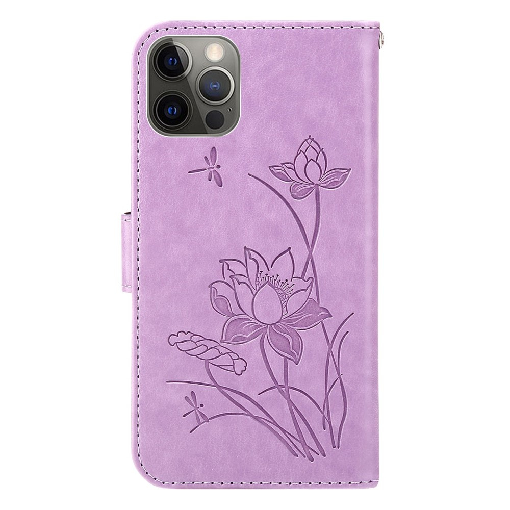 iPhone 13 Pro Leder Tasche Flip Cover Lotus Blumen Imprint - Lila