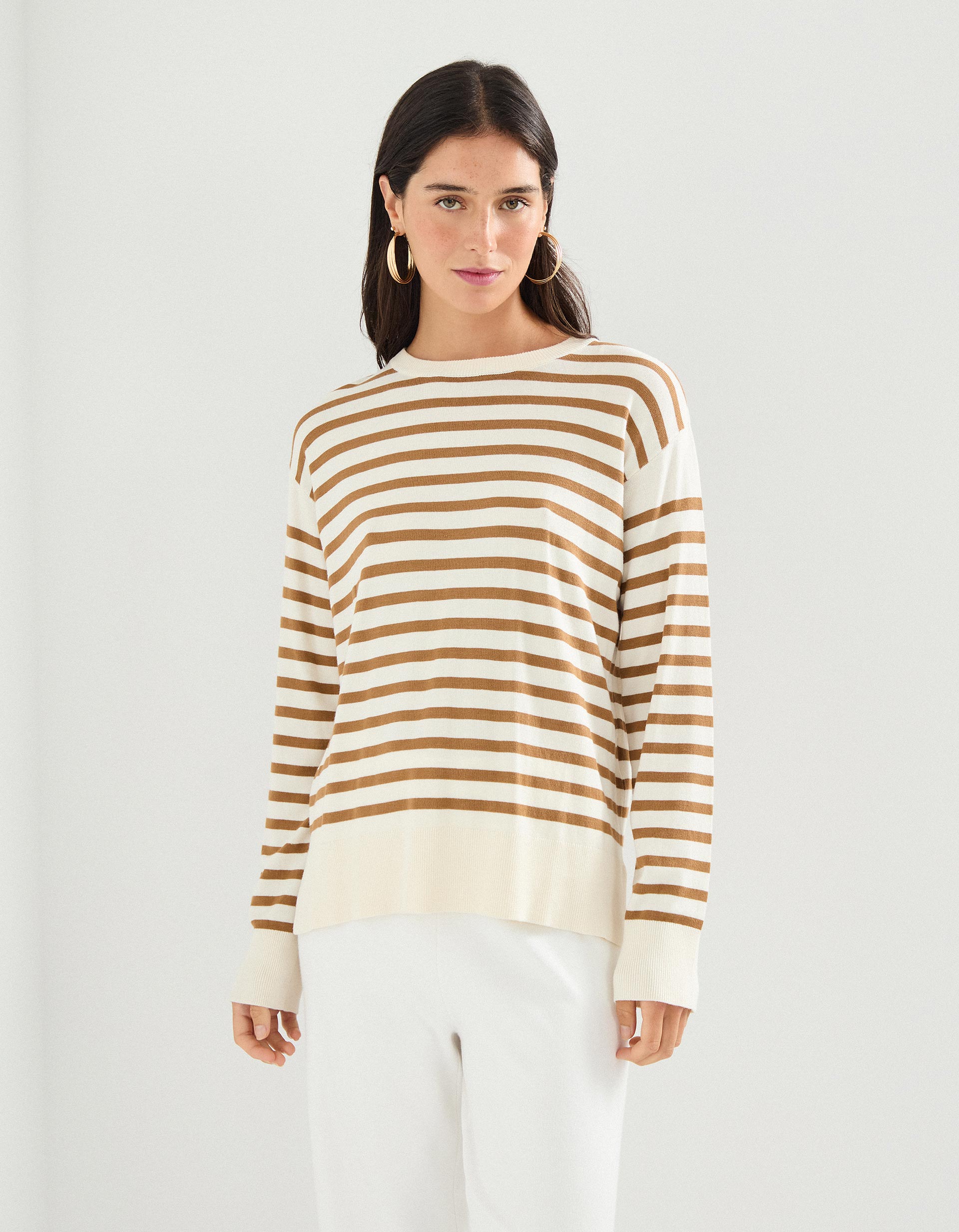 Camisola de Malha com Riscas, Mulher, Bege Claro