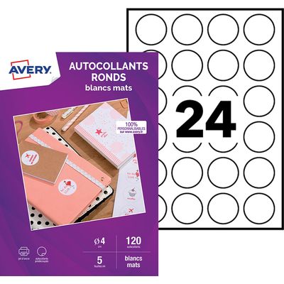 Avery - 120 Étiquettes adhésives rondes blanc mat - diamètre 40 mm - réf C9422M