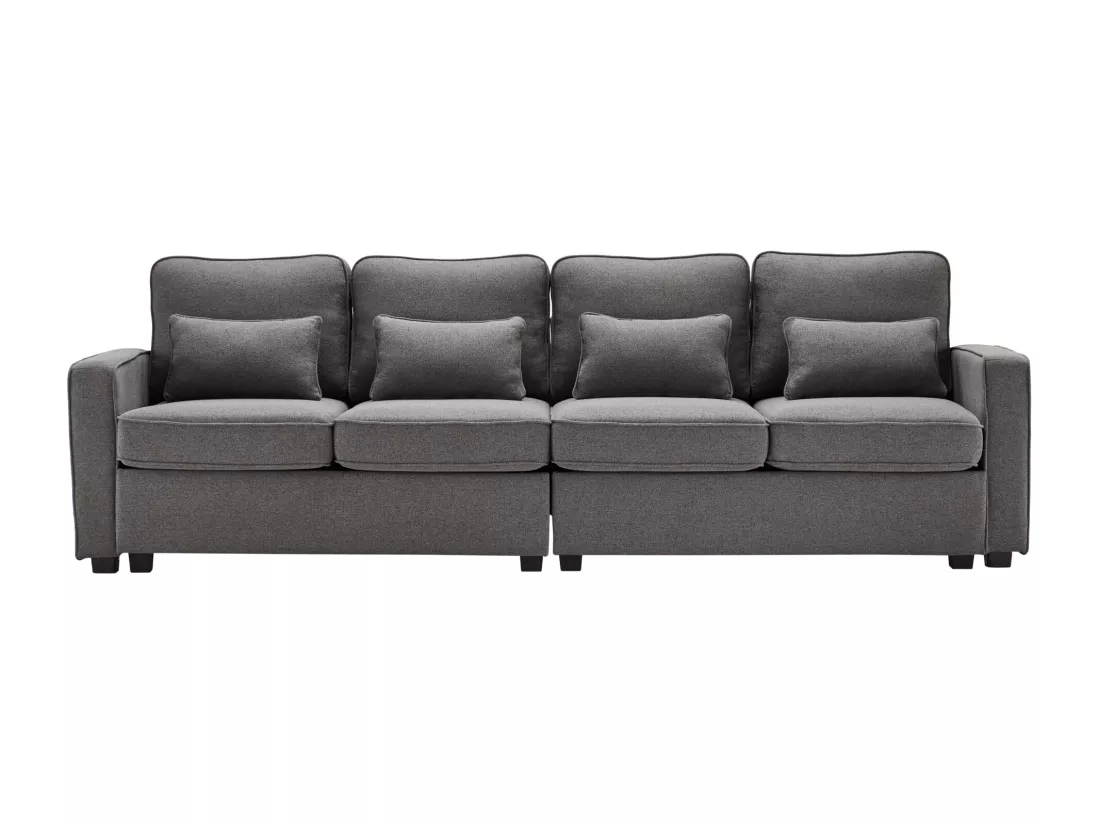Canapé fixe 4 places en tissu lin - avec poches sur les côtés - Gris