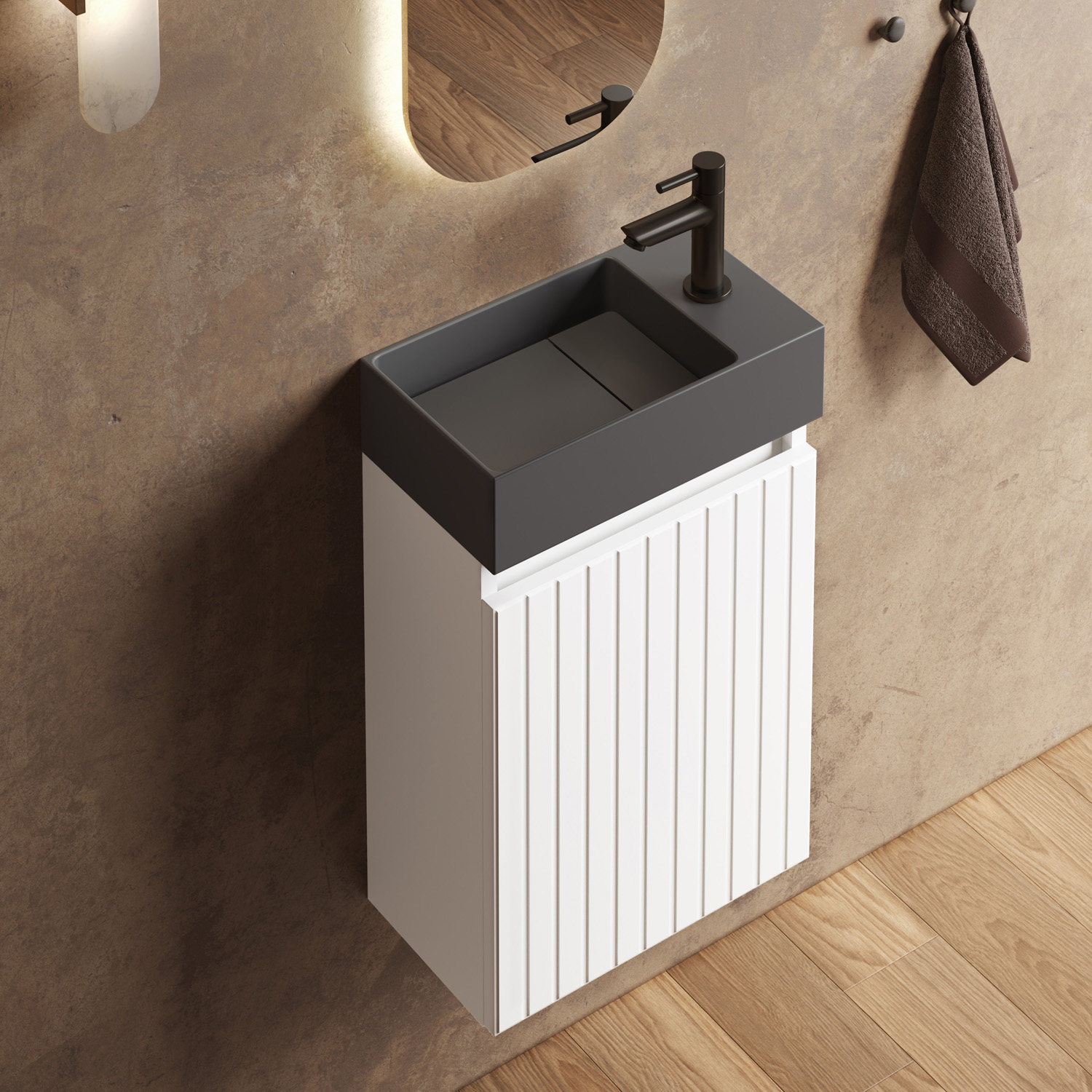 Fontana Itsie toiletmeubel mat wit ribbelfront 40cm met fontein in mat antraciet