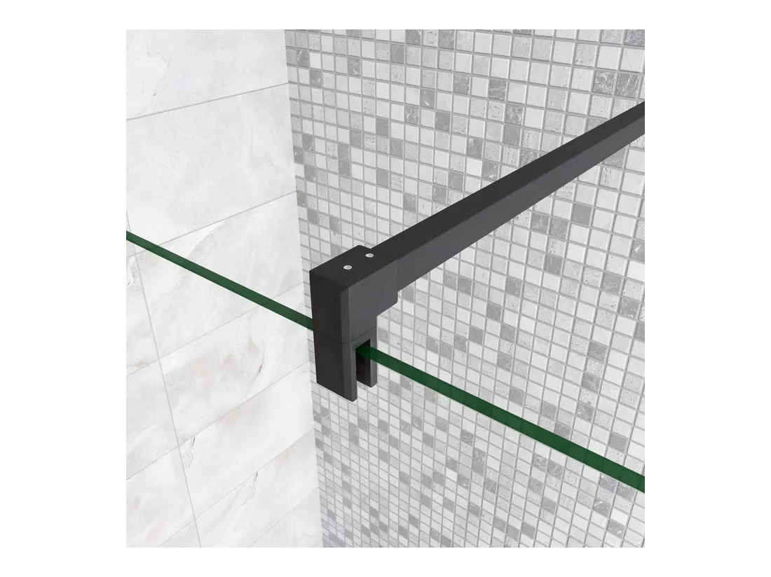 Paroi de douche à l'italienne avec retour pivotant 80+30x200cm avec barre de fixation 90cm en carré - Noir Mat - 8mm verre anticalcaire