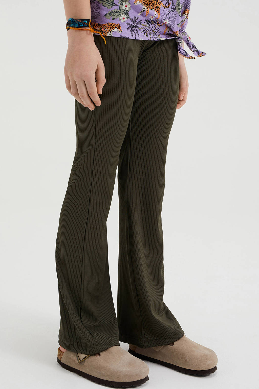 WE Fashion flared broek van polyester donkergroen